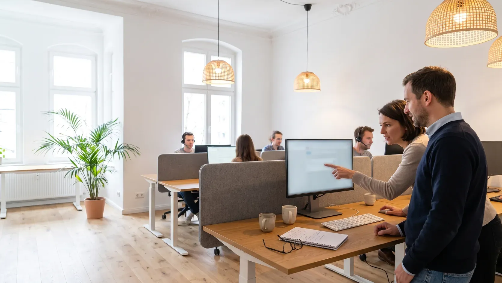 Zwei Mitarbeitende besprechen Kundenkommunikation an einem Arbeitsplatz in Berlin.