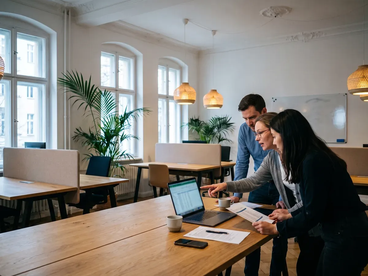 Ein Team stimmt technische Abrechnungsdaten an einem Bildschirm ab
