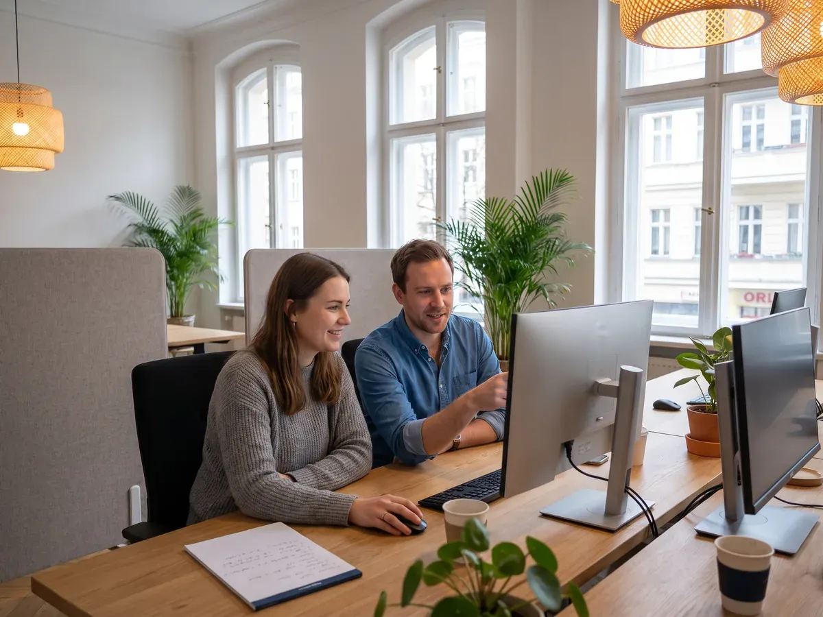 Zwei Mitarbeitende prüfen gemeinsam Inhalte an einem Arbeitsplatz