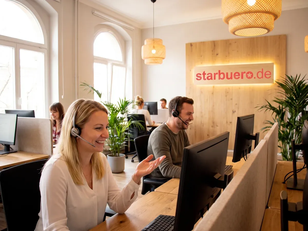 Zwei Mitarbeitende mit Headset im Büro von starbuero.de, im Hintergrund der Schriftzug an der Holzwand